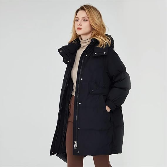 ERFMFKL Women Puffer Jacket Hooded Thick Warm Long Sleeves Coat Casual Loose Zipper Long Parkas