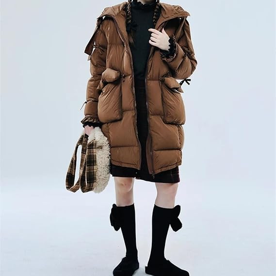 MQPALZKD Winter Warm Hooded Long Down Jacket Women's Loose Cute and Elegant Mid-length Coat
