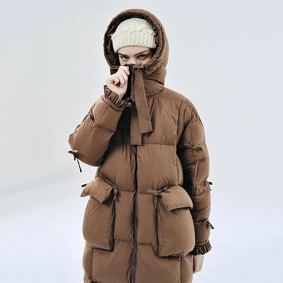 MQPALZKD Winter Warm Hooded Long Down Jacket Women's Loose Cute and Elegant Mid-length Coat