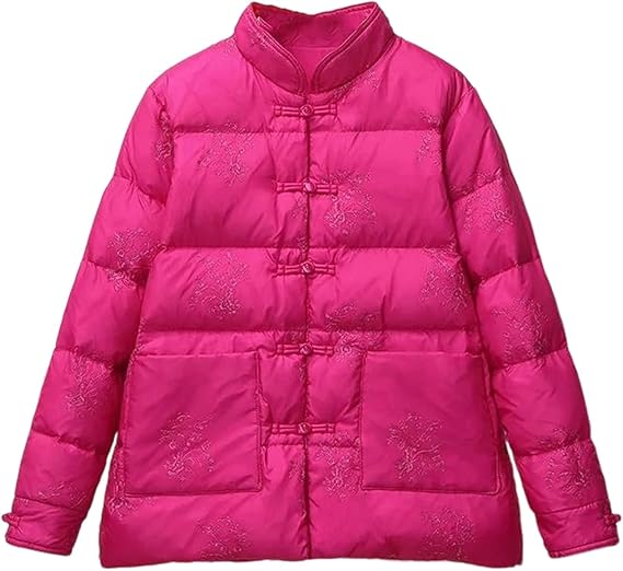 Single Breasted Stand Collar Slim Fit Long Sleeve Quilted Down Puffer Jacket Casual Style Retro Lightweight Insulated Coat