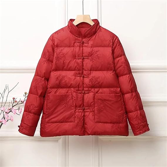 Single Breasted Stand Collar Slim Fit Long Sleeve Quilted Down Puffer Jacket Casual Style Retro Lightweight Insulated Coat