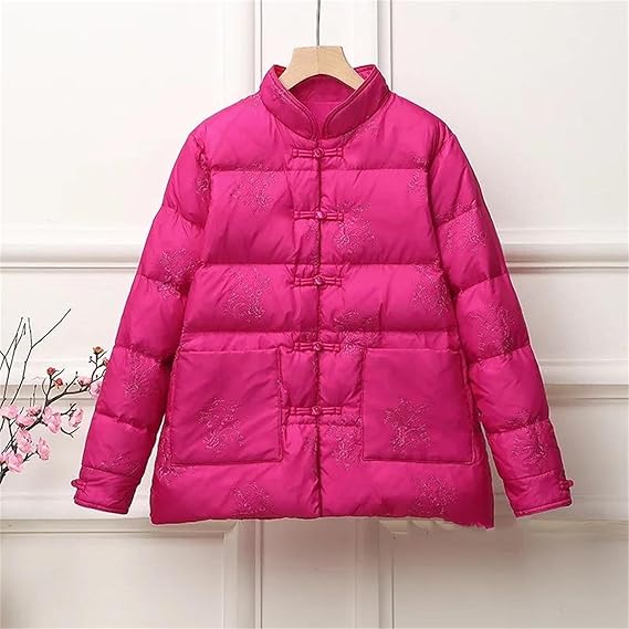 Single Breasted Stand Collar Slim Fit Long Sleeve Quilted Down Puffer Jacket Casual Style Retro Lightweight Insulated Coat